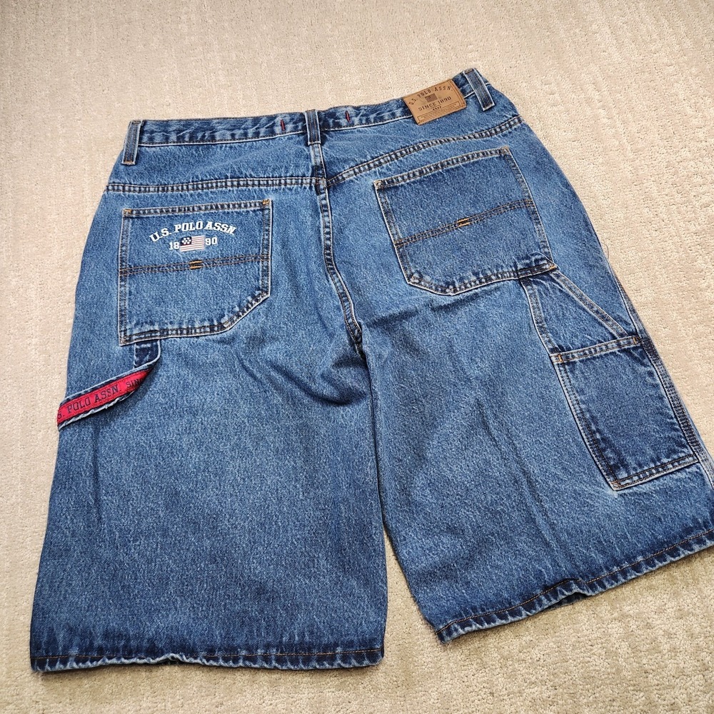 Vintage Y2K Denim Shorts Men 38 Baggy Wide Leg USPA Flag Logo Jean Jorts